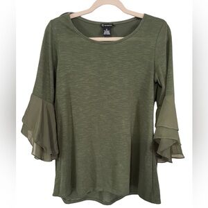 Olive Green Scoop neck 3/4 sheer bell sleeve Medium blouse Fairycore flirty